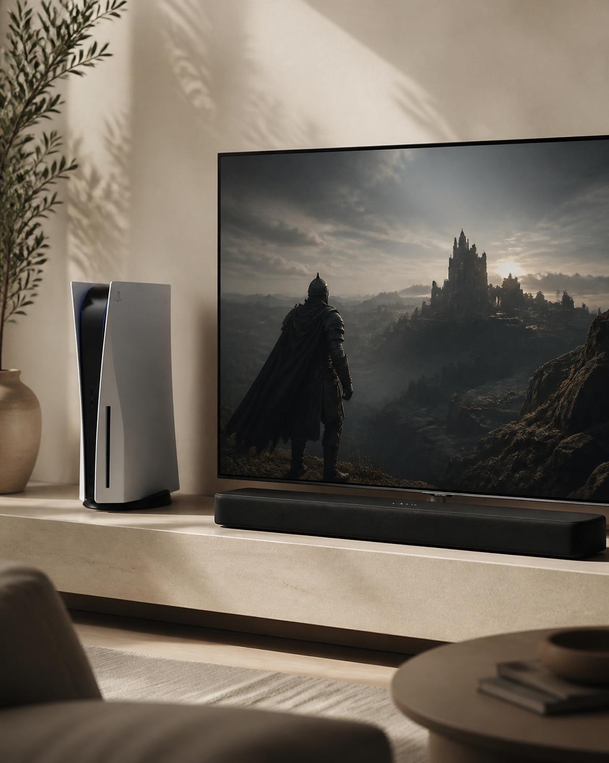 PS5, LG OLED, and Sonos soundbar in a warm editorial interior